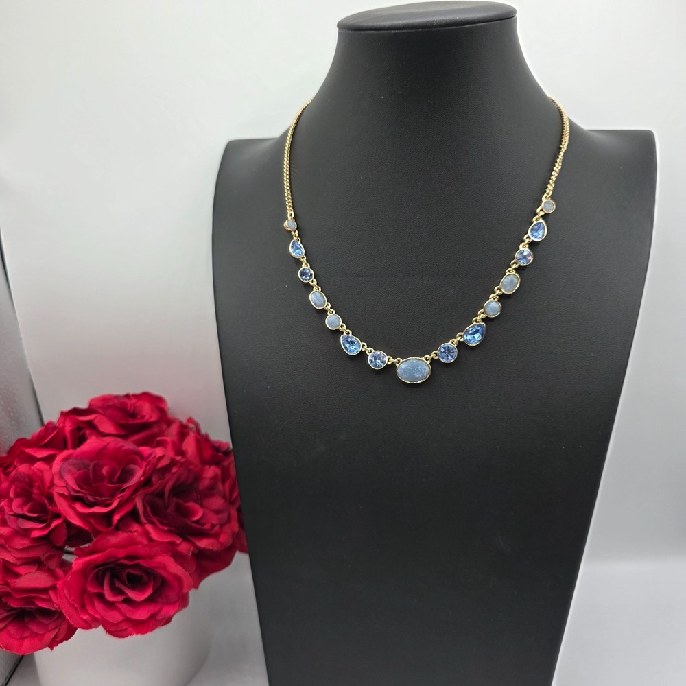 DKNY Gold Tone Blue Crystal Graduated Station Necklace‎ Choker Jewelry Used